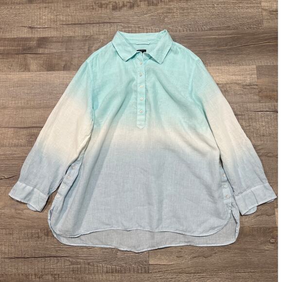 Talbots 100% Linen Shirt Plus Size 3X Blue Ombre Long Sleeve Tunic Beach Boho - Picture 1 of 6